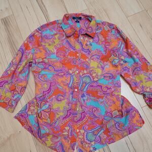 Chaps Vibrant Paisley Button Down Shirt Boho Maximalist Resort 1X